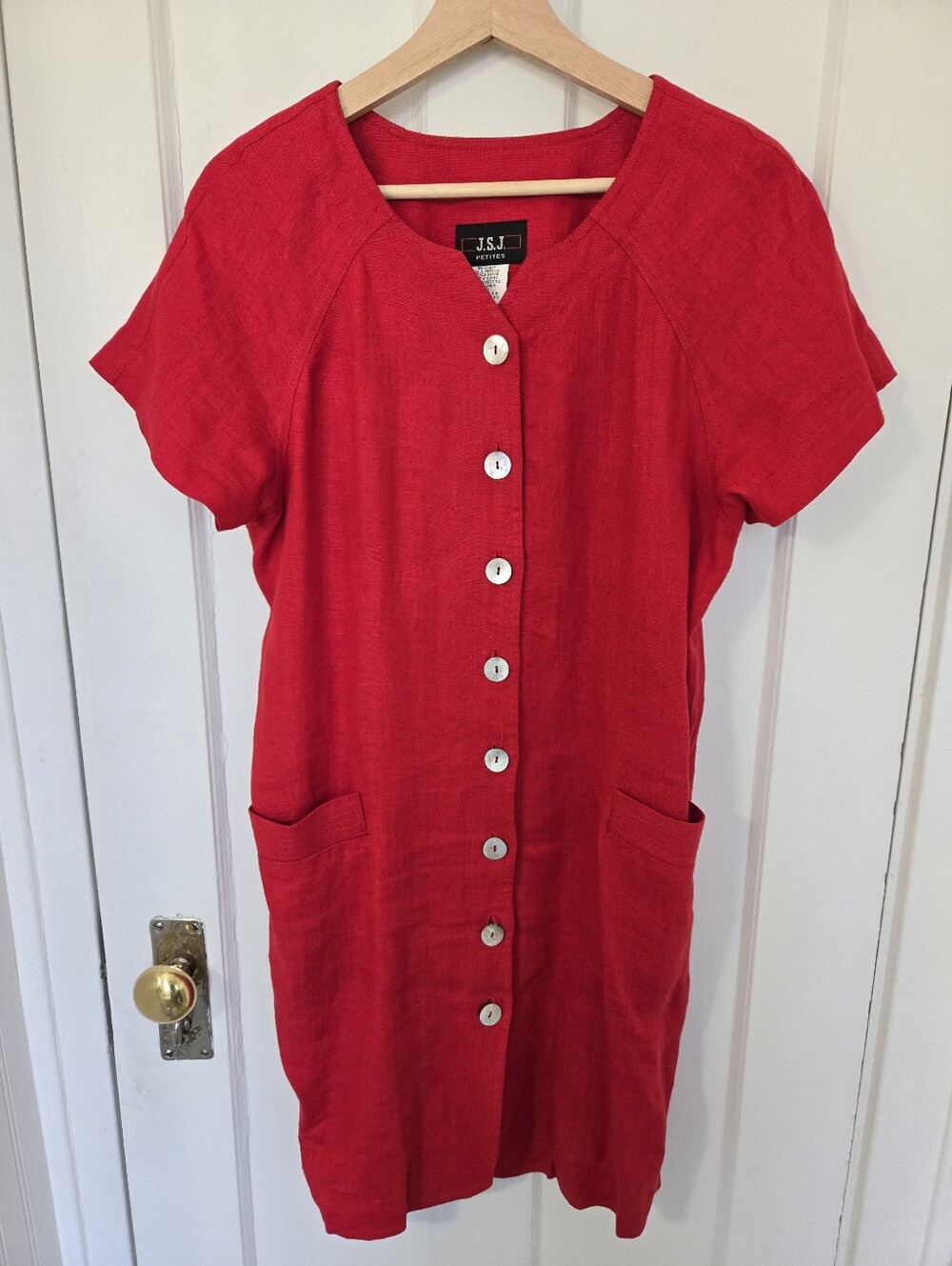 Women's Vtg Red Linen Button-Front Mini Dress Size 6 Euro Summer 90s Minimalism